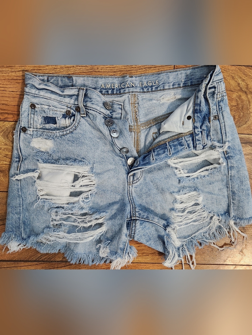 American Eagle Outfitters Light Blue Ripped High-Rise Denim Shorts, Size 2